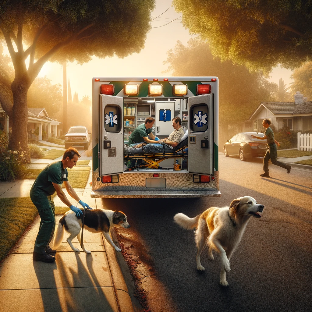 Paramedics assisting a person into an ambulance after a dog bite or dog attack.