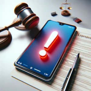 Smartphone with a red warning sign overlay on social media post screen, legal documents, and a gavel in the background, emphasizing the risks of social media use during lawsuits