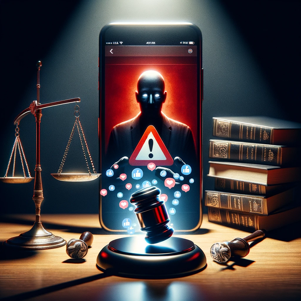 A smartphone displaying a social media app overlaid with a red caution symbol, with a shadowy figure typing in the background and legal symbols like balance scales and a gavel, illustrating the risks of social media posting during a lawsuit.