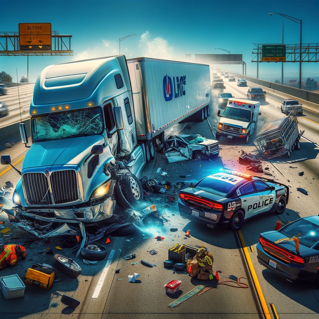 Truck accident on highway during daylight with emergency vehicles responding, debris scattered on road, under a clear blue sky, emphasizing road safety and emergency response