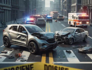 Realistic depiction of an auto accident scene on an urban street, featuring two cars with visible damage after a collision, surrounded by debris, with police tape and emergency response vehicles in the background, emphasizing road safety and accident response.