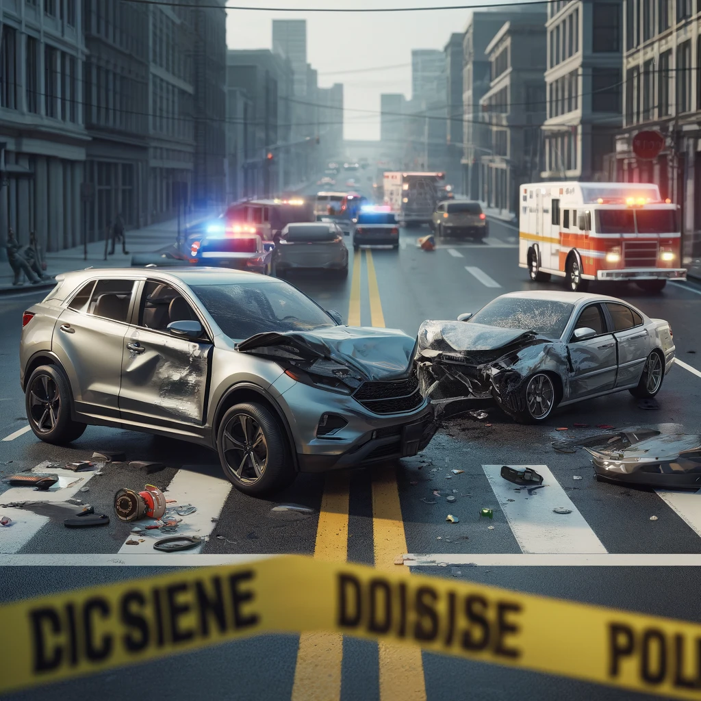 Realistic depiction of an auto accident scene on an urban street, featuring two cars with visible damage after a collision, surrounded by debris, with police tape and emergency response vehicles in the background, emphasizing road safety and accident response.