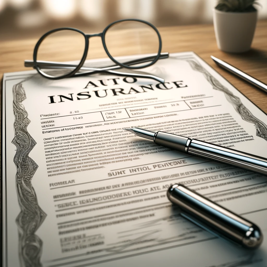 Overhead view of an open auto insurance policy document on a wooden desk, accompanied by a silver pen and glasses, in a softly lit office environment, emphasizing the significance of reviewing insurance coverage.