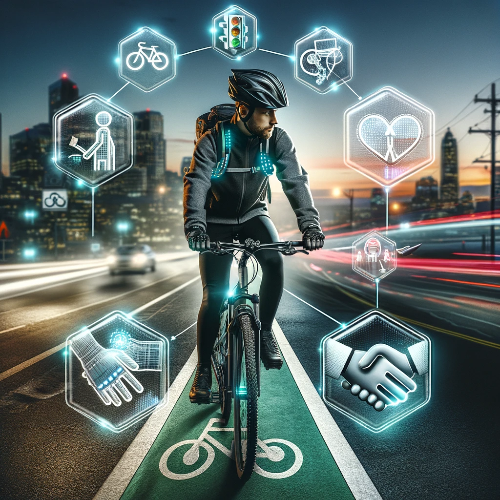 Cyclist riding in bike lane with safety helmet and reflective gear at twilight in cityscape, surrounded by icons representing key bicycle laws: helmet for safety, bike lane sign, traffic light, and handshake for cyclist-driver responsibilities.