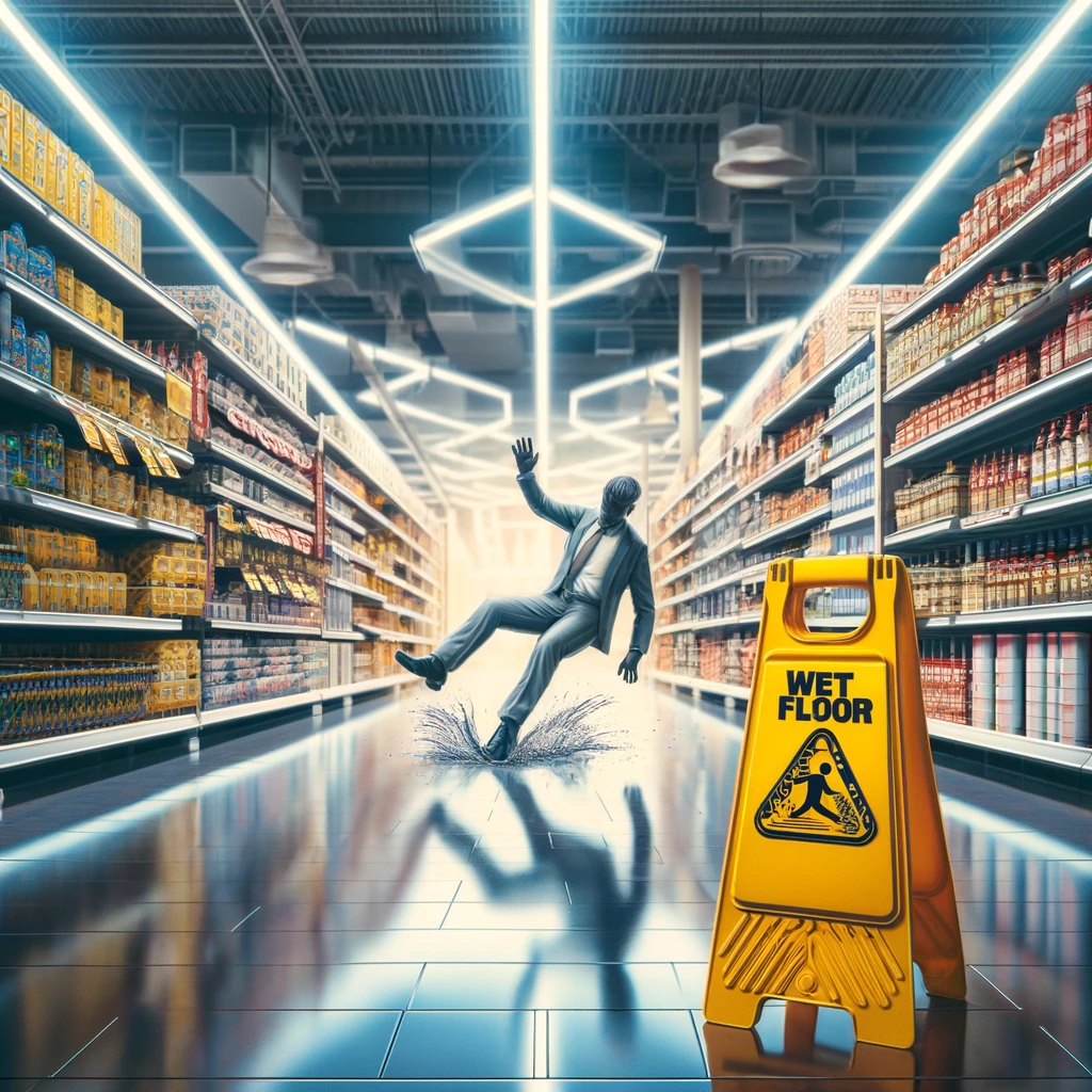 Slip and fall accident in grocery store with 'Wet Floor' caution sign prominently displayed, illustrating a person slipping near a small water spill on the floor, amidst well-lit aisles stocked with products.