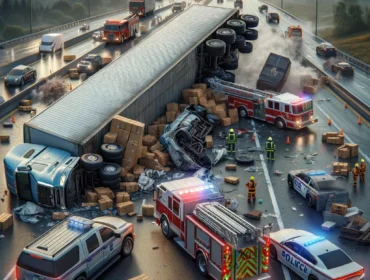 Realistic depiction of a highway truck accident scene with a commercial truck tipped over, blocking lanes and causing traffic, surrounded by scattered cargo, emergency response teams, and a tow truck under an overcast sky, highlighting the urgency and scale of the response.