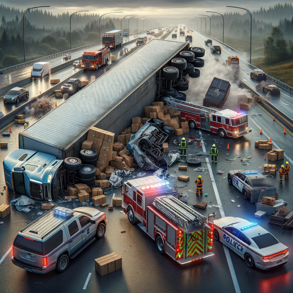 Realistic depiction of a highway truck accident scene with a commercial truck tipped over, blocking lanes and causing traffic, surrounded by scattered cargo, emergency response teams, and a tow truck under an overcast sky, highlighting the urgency and scale of the response.