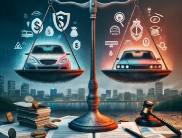 Conceptual illustration of uninsured and underinsured motorist claims with divided imagery: a transparent car symbolizing vulnerability on the left and a solid, protected car with insurance coverage on the right, set against a blurred urban backdrop, highlighting the critical importance of adequate insurance protection.