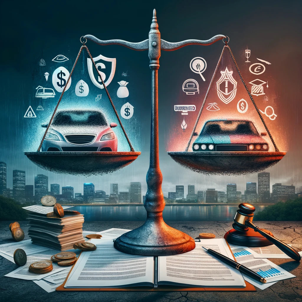 Conceptual illustration of uninsured and underinsured motorist claims with divided imagery: a transparent car symbolizing vulnerability on the left and a solid, protected car with insurance coverage on the right, set against a blurred urban backdrop, highlighting the critical importance of adequate insurance protection.